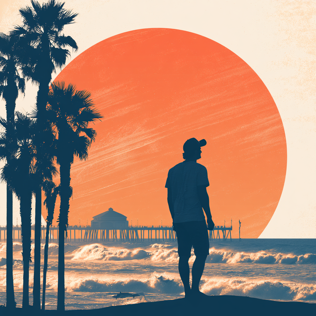 Man standing on a Huntington Beach shoreline near palm trees and a pier, representing men’s IOP near Huntington Beach available at California Treatment Collective.