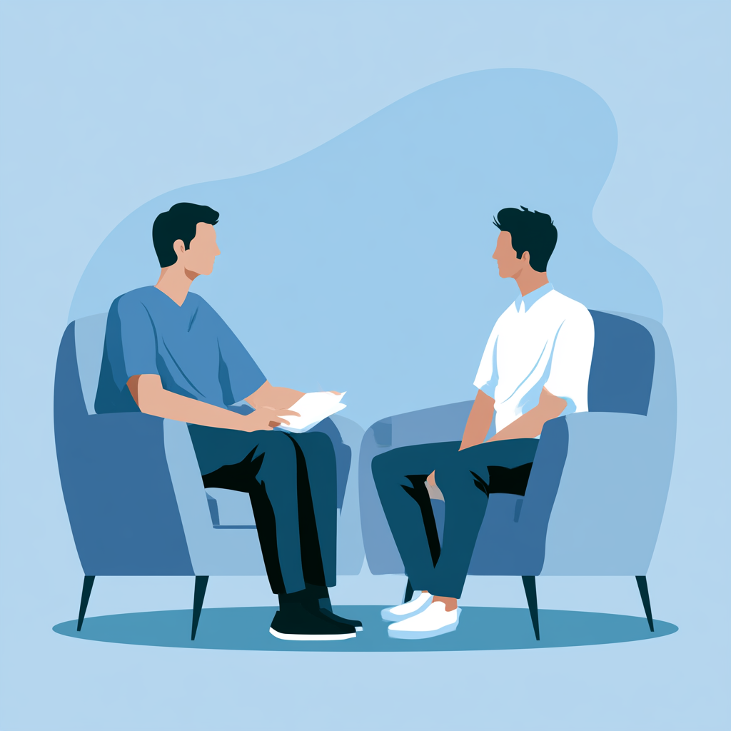 Two men discussing mental health treatment, representing how to find men’s IOP near Newport Beach at California Treatment Collective.
