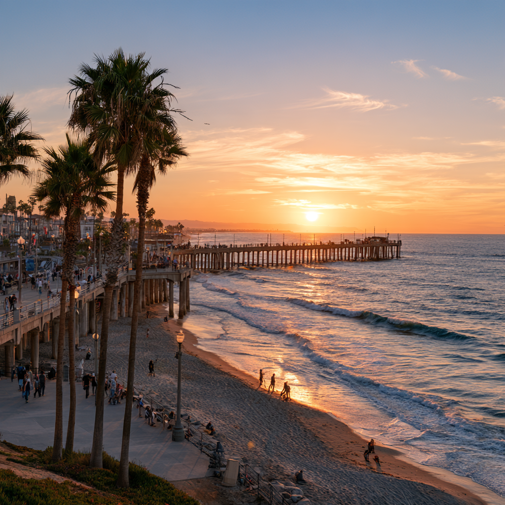 Sunset over a palm-lined Orange County beach and pier, representing PHP vs. IOP mental health treatment options available at California Treatment Collective.