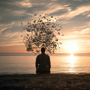 Man sitting by the ocean at sunset with birds flying overhead, representing emotional healing and mental health PHP treatment services available at California Treatment Collective in Orange County.