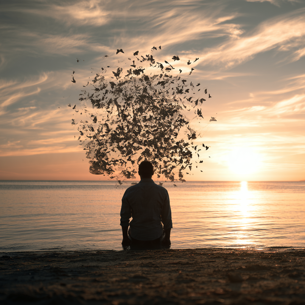 Man sitting by the ocean at sunset with birds flying overhead, representing emotional healing and mental health PHP treatment services available at California Treatment Collective in Orange County.