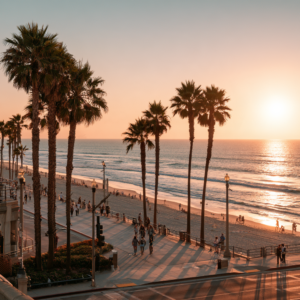 Palm-lined Orange County beach at sunset with people walking along the shore, representing mental health PHP treatment options available at California Treatment Collective.